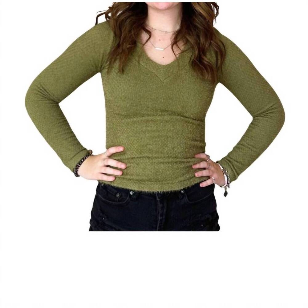 NEW SCALA long sleeve furry v neck sweater in verde moss